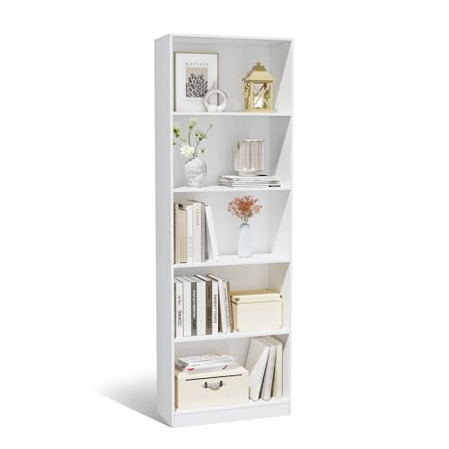 5 Tier Bookshelf, 71" Tall Bookcase Floor Standing, Large Wood Bookshelf with Anti-Tipping Device & Base, 5 Shelf Open Display Book Shelf for Living Room, Bedroom, Dining Room, Home Office - color: White