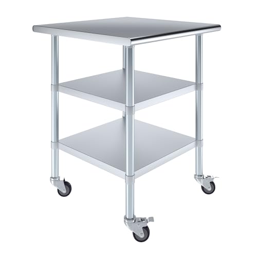 AmGood Stainless Steel Work Table with 2 Shelves and Casters | Metal Utility Table On Wheels (Stainless Steel Work Table with 2 Shelves + Casters, 30" Long x 30" Deep) - size: 30" Long x 30" Deep