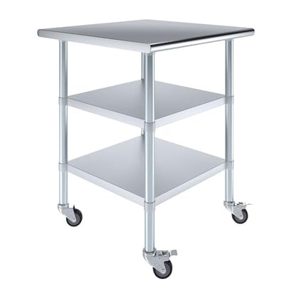 AmGood Stainless Steel Work Table with 2 Shelves and Casters | Metal Utility Table On Wheels (Stainless Steel Work Table with 2 Shelves + Casters, 30" Long x 30" Deep) - size: 30" Long x 30" Deep