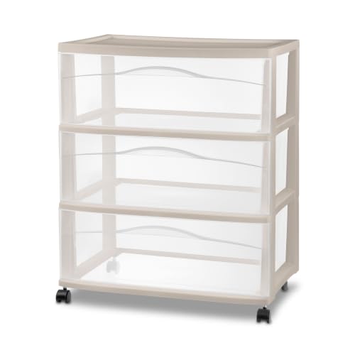 Sterilite Wide Storage Cart, 3 Clear Drawer Plastic Organizer with Wheels, Grey Pumice Frame - Rolling Unit for Craft Supplies or Home Accessories - color: Gray, size: 1-Pack