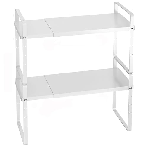 iPEGTOP Expandable Cabinet Storage Shelf Organizer Rack, Heavy Duty Cupboard Stand Spice Rack Adjustable Height Garage Pantry Shelf Space Riser for Counter Kitchen Organization, White, 2 Pack - color: White, size: 8" Width - 2 Pack