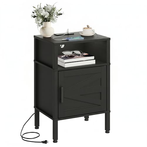 Nightstand with Charging Station, Side Table with USB A & C Ports and AC Outlets, End Table with Storage Cabinet and Reversible Door for Bedroom, Living Room, Small Spaces,Black - color: Black
