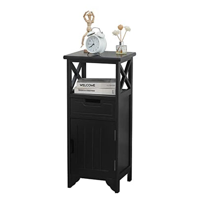 Assembled 30in Height Nightstand, Pre- Assembled Bathroom Floor Cabinet with Shelf and Storage Drawer, Black Tall End Table No Assembly Chest for Living Room Bedroom - color: Black