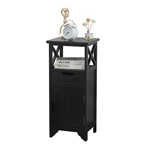 Assembled 30in Height Nightstand, Pre- Assembled Bathroom Floor Cabinet with Shelf and Storage Drawer, Black Tall End Table No Assembly Chest for Living Room Bedroom - color: Black