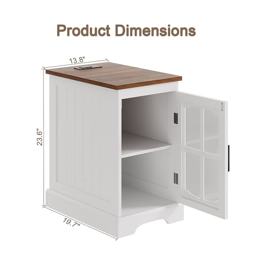 ChooChoo Farmhouse End Table Set of 2 with Charging Station, Nightstand with Adjustable Shelf and Glass Door, White Side Table for Living Room, Bedroom - color: White