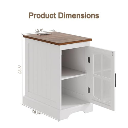 ChooChoo Farmhouse End Table Set of 2 with Charging Station, Nightstand with Adjustable Shelf and Glass Door, White Side Table for Living Room, Bedroom - color: White