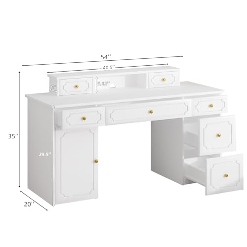 Catrimown White Desk with 7 Drawers, 54 Inch Computer Desk with Cabinet for Work Writing Study, Vanity Desk with Golden Handle for Girls, Bedroom - color: White
