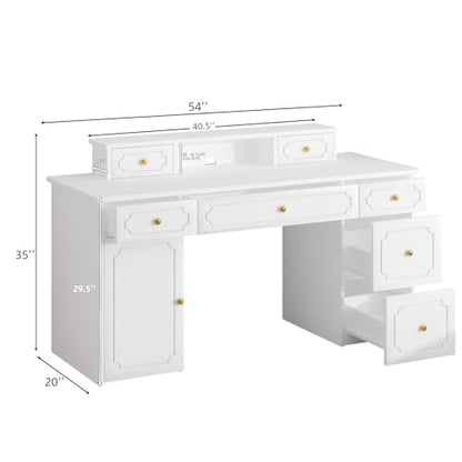 Catrimown White Desk with 7 Drawers, 54 Inch Computer Desk with Cabinet for Work Writing Study, Vanity Desk with Golden Handle for Girls, Bedroom - color: White