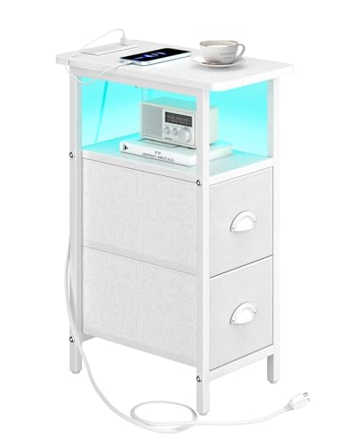 sthmec Narrow End Table with Charging Station, Narrow Side Table with 2 Fabric Drawers, LED End Table, Slim Nightstand with LED Light, Small Side Table for Small Spaces, Living Room, Bedroom, White - color: White, size: 7.87'' W x 15.75'' D x 24.37'' H, s