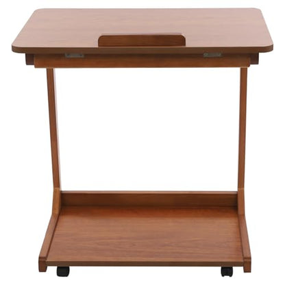 Modern C-Shaped End Table, 2 Tier Sofa Side Table with Wheels and Adjustable Desktop Small TV Tray Tables for Living Room Bedroom Apartment (Walnut, 60cm) - color: Walnut, size: 60cm
