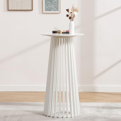 DUOMAY White Round Bar Table, 43.5" High Wood Bar Table with Stylish Geometric Base, Modern Style Cocktail Tables for Parties, Kitchen, Dining Room, Coffee Shop