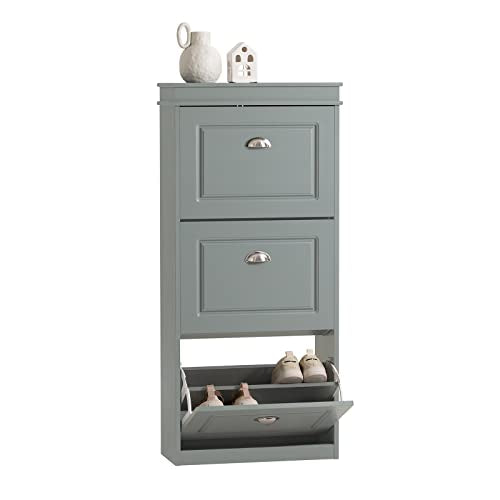 Haotian FSR94-HG, Grey Shoe Storage Cabinet with 3 Flip Drawers, Freestanding Shoe Rack, Shoe Storage Cupboard Organizer(9.4" D x 20.9" W x 46.1" H) - color: Grey, size: 3 Drawers:20.8x9.4x46"