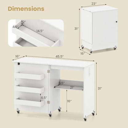 Giantex Folding Sewing Table with Charging Station, Storage Trays & Shelf | Rolling Craft Table with Lockable Wheels, Foldable Sewing Machine Cabinet Desk for Small Spaces, Dorms, White - color: White