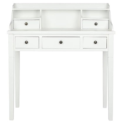 SAFAVIEH Furniture - Landon 5-Drawer Writing Desk - White - Solid Wood - Classic Hutch Design - Ideal for Home Office, Living Room, Den, 36.2"W x 19.1"D x 40.5"H (AMH6516D) - color: White