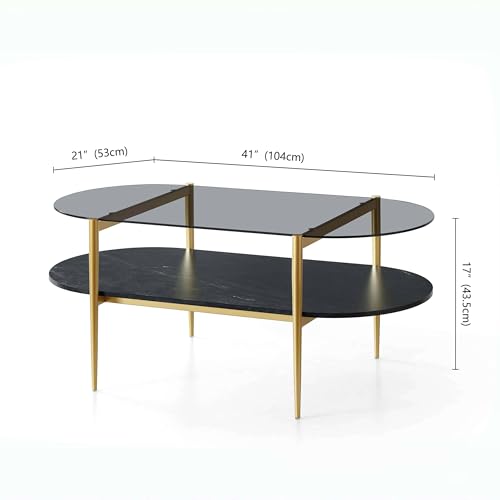 LumFurn Oval Glass Coffee Table, Mid-Century Modern Design, L41 x W21 x H17 inch, for Living Room, Grey Glass Top, Black Marble Finish Wood Shelf & Gold Finish Frame - color: Grey & Black Marble, size: L41" Oval Coffee Table