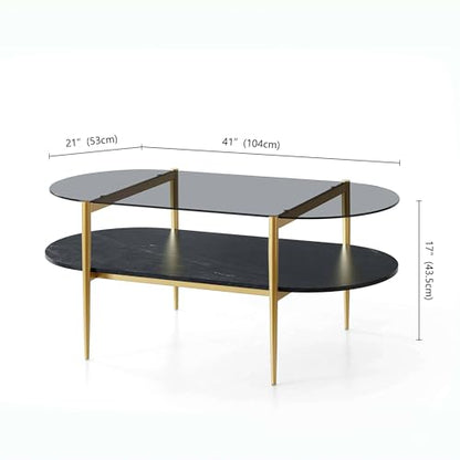LumFurn Oval Glass Coffee Table, Mid-Century Modern Design, L41 x W21 x H17 inch, for Living Room, Grey Glass Top, Black Marble Finish Wood Shelf & Gold Finish Frame - color: Grey & Black Marble, size: L41" Oval Coffee Table