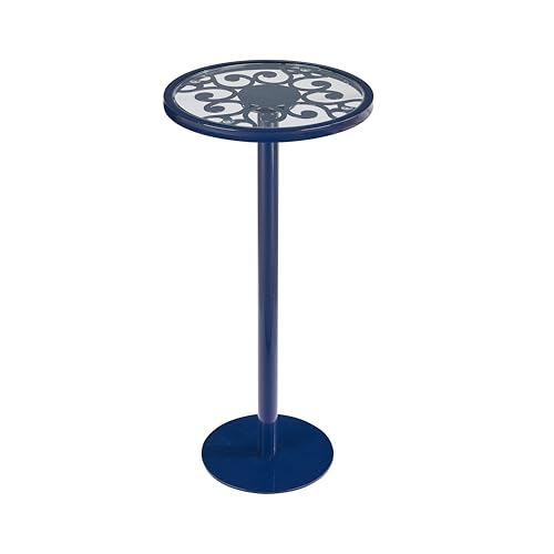 Navy Blue Drink Table, Indoor Outdoor Small Round Side Table with Tempered Glass & Scroll Design, 24.7" Metal Pedestal End Table for Living Room,Patio, Pool, Coastal Nautical Decor (Navy Blue) - color: Navy Blue