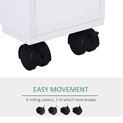 HOMCOM 6.25" x 20.5" x 28.25" Wood Rolling Narrow Bathroom Side Storage Cabinet - White - color: White