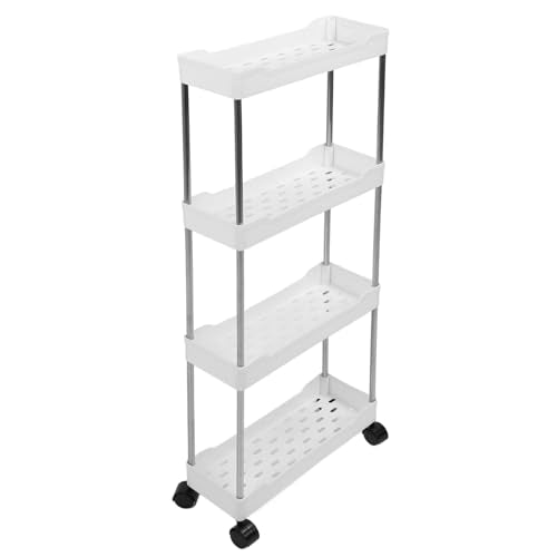 Slim Storage Cart Rolling Utility Organizer Compact Slide Out Shelving for Kitchen Bathroom PP Stainless Steel White 4 Tier 4.9 Inch Baskets with Wheels Hooks - color: White