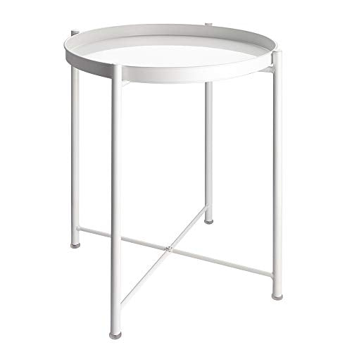 EKNITEY End Table,Folding Metal Side Table Waterproof Small Coffee Table Sofa Side Table with Removable Tray for Living Room Bedroom Balcony and Office - color: White, size: 1 tier