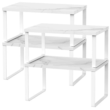 CADUKE Counter Shelf Set of 4 Kitchen Cabinet Shelf Organizer Stackable Expandable Countertop Shelf Organizer Spice Rack for Bathroom Pantry Racks,Metal and Engineered Wood, Marble White - color: Marble White