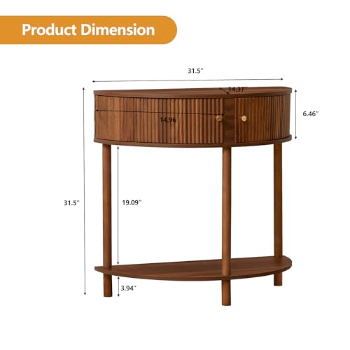 XUZENEST Fluted Half Moon Console Table, Modern Small Entry Sofa Table with Storage, Solid Wood Legs Narrow Entryway Table for Living Room, Hallway, Foyer(Walnut) - color: 31.5 Walnut