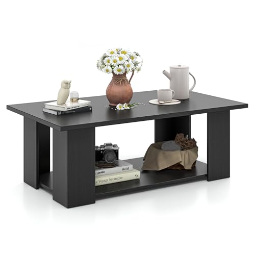 Tangkula 2-Tier Coffee Table, Modern Rectangular Center Cocktail Table with 5 Support Legs, Wooden Accent Living Room Furniture, Small Coffee Table for Small Spaces, Easy Assembly (Black) - color: Black
