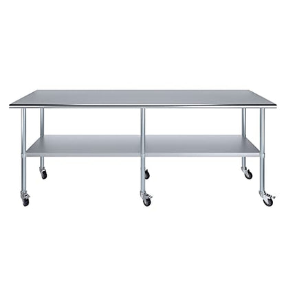 AmGood 96" Long x 24" Deep Stainless Steel Table with Casters - size: 96" Long x 24" Deep