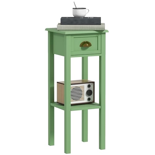 HOMCOM Narrow End Table with Drawer and Bottom Shelf Set of 1 Green | Tall Telephone Table, Skinny Modern Design, for Small Spaces, Living Room - color: Green