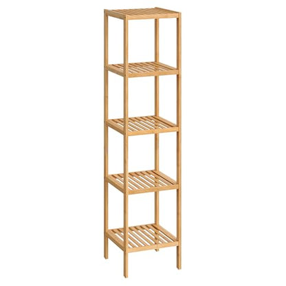 SONGMICS Bamboo Storage Shelf, 5-Tier Shelving Unit, Multifunctional, in the Entryway, Bathroom, Living Room, Balcony, Kitchen, 13 x 13 x 57.5 Inches, Light Bamboo UBCB55Y - color: Light Bamboo, size: 5 Tiers (13"D x 13"W x 57.5"H)