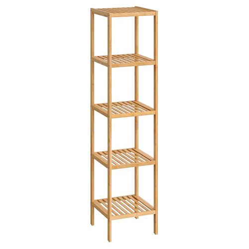 SONGMICS Bamboo Storage Shelf, 5-Tier Shelving Unit, Multifunctional, in the Entryway, Bathroom, Living Room, Balcony, Kitchen, 13 x 13 x 57.5 Inches, Light Bamboo UBCB55Y - color: Light Bamboo, size: 5 Tiers (13"D x 13"W x 57.5"H)