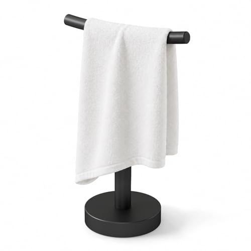 YUMORE Hand Towel Holder Stand for Bathroom & Kitchen, Freestanding T-Shape Towel Rack with Weighted Base, Matte Black