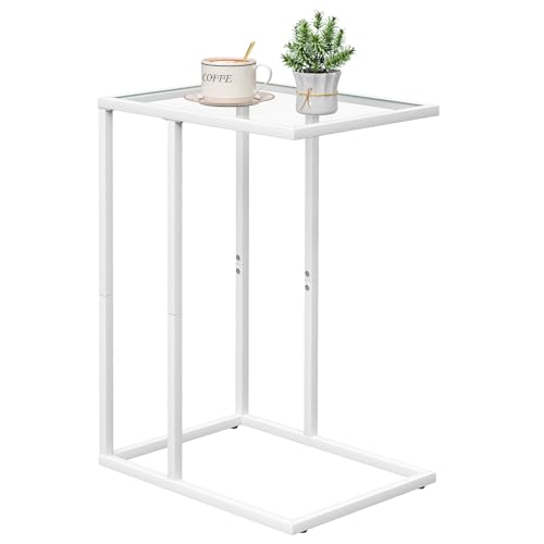 Easy Paws Small C Shaped Table for Sofa,Glass Couch Sofa Tray Snack Table for Living Room, Bedroom,TV Tray Table for Small Space,Accent Coffee Table,Nightstand with Metal Frame(White) - color: White