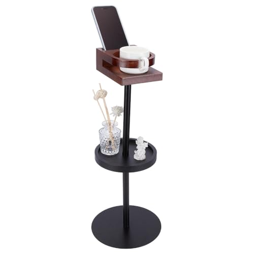UNICRAFTALE Slim Side Table with Brown Round Top Black Multi Tier Drink Table for Small Spaces Accent Tables for Living Room Sofa Bedside 8.58x5.04x21.97 Inch