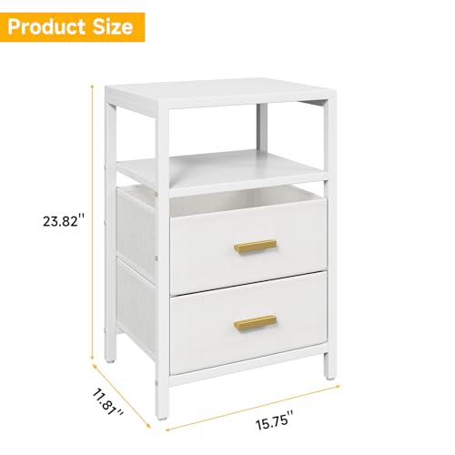 Nightstand 2 Drawers Side Table Modern Bedside End Table | White night stand with 2 fabric drawers, double layer shelf, metal frame, space saving end table for bedroom and living room - size: 2 Drawers, Single Piece