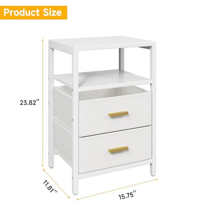 Nightstand 2 Drawers Side Table Modern Bedside End Table | White night stand with 2 fabric drawers, double layer shelf, metal frame, space saving end table for bedroom and living room - size: 2 Drawers, Single Piece