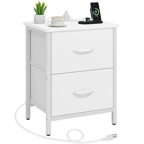 Vagusicc Nightstand with Charging Station, Bedside Table with USB Ports and Outlet, End Table Side Table with 2 Fabric Drawers for Bedroom, Living Room, White - color: White (1 Pack)