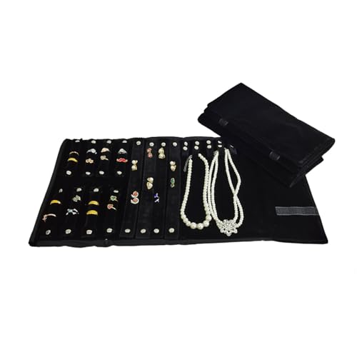 Velvet Travel Jewelry Case Roll Bag Organizer for Necklace Bracelet Earrings Ring (Black) (Black set) - color: Black Set