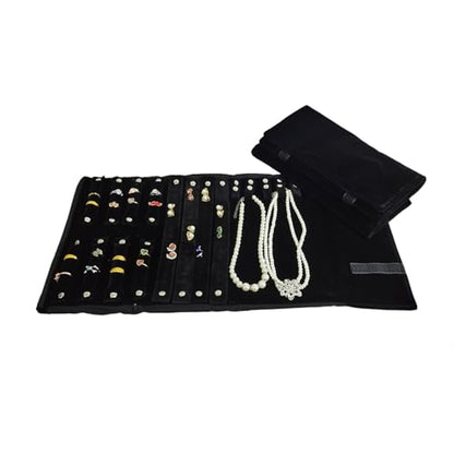 Velvet Travel Jewelry Case Roll Bag Organizer for Necklace Bracelet Earrings Ring (Black) (Black set) - color: Black Set