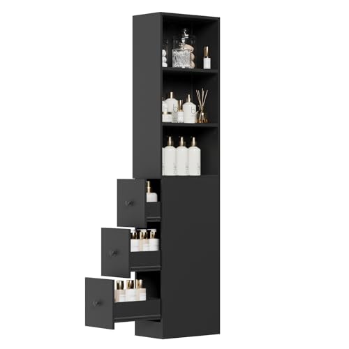 ARTETHYS Tall Narrow Bathroom Storage Cabinet with Adjustable Shelves Black | 2-Way Installations,Space Saving for Living Room Kitchen, 3 Drawers, 3 Level Adjustable Shelf - color: Black