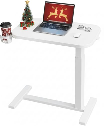 HUANUO 28Inch Bedside Table with Wheels, Height-Adjustable Rolling Computer Cart, Overbed Table with Cup Holder, Pneumatic Laptop Standing Desk for Home Office, White - color: White, size: Small-28 Inch