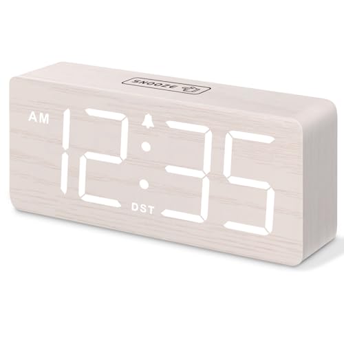 DreamSky Wooden Digital Alarm Clock for Bedroom - Desk Clock for Living Room with Large Numbers, Dimmer, Loud Alarm for Heavy Sleepers with Volume Control, DST, Office Wood Decor (Plug in Clock) - color: White (Plug-in)