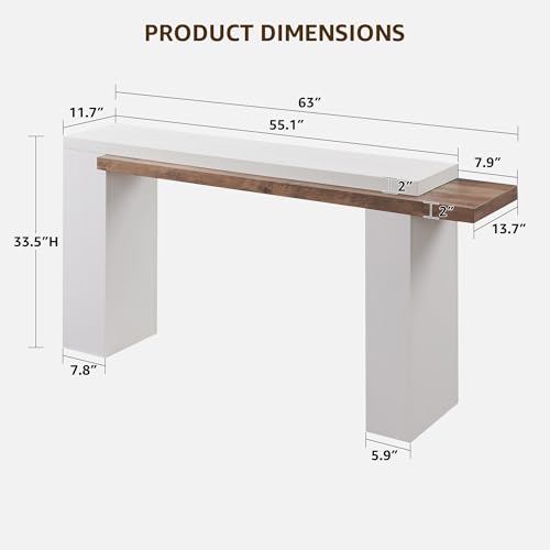 OKD 63" Modern Geometric Console Table with Layered Top, Antique White | Extended Layered Top, Sturdy Support Legs, Entryway, Hallway, Foyer, Living room, Behind Sofa - color: Antique White