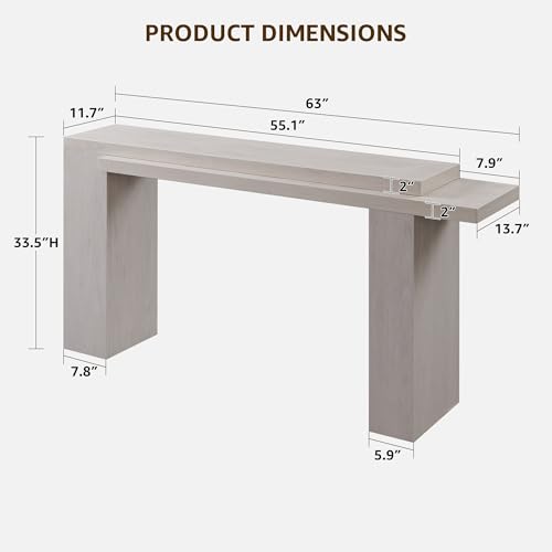 OKD 63" Modern Geometric Console Table with Layered Top, White Alder | Extended Layered Top, Sturdy Support Legs, Entryway, Hallway, Foyer, Living room, Behind Sofa - color: White Alder