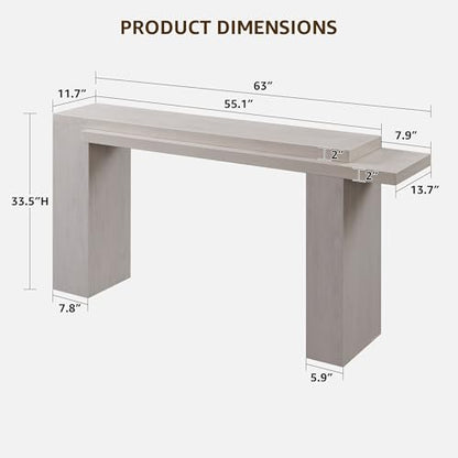 OKD 63" Modern Geometric Console Table with Layered Top, White Alder | Extended Layered Top, Sturdy Support Legs, Entryway, Hallway, Foyer, Living room, Behind Sofa - color: White Alder