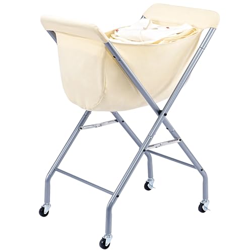 ELYKEN Laundry Cart with Wheels, 32”H Easy Rolling Laundry Hamper with Removable Liner Bag, Sturdy Metal Frame Clothes Basket with 4 Casters and 2 Brakes - color: Creamy, size: 23.2"L x 13"W x 32"H