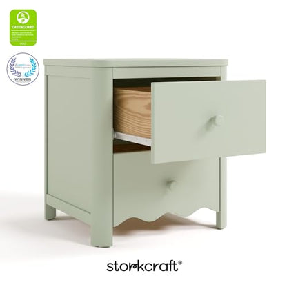 Storkcraft Casablanca 2 Drawer Nightstand, Sage | GREENGUARD Gold Certified, Storage for Kids Bedroom, Premium Wood Nightstand with Iconic Wave Detailing and Rounded Posts - color: Sage, style: Nightstand