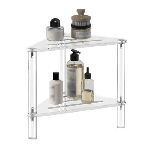 Acrylic Corner Shelf, 2 Tier Floor Shower Caddy & Anti Slip Shower Stool Clear Corner Shower Organizer for Bathroom Plant Stand for Bedroom Kitchen 13.39 x 12.20 x 11.81 Inch