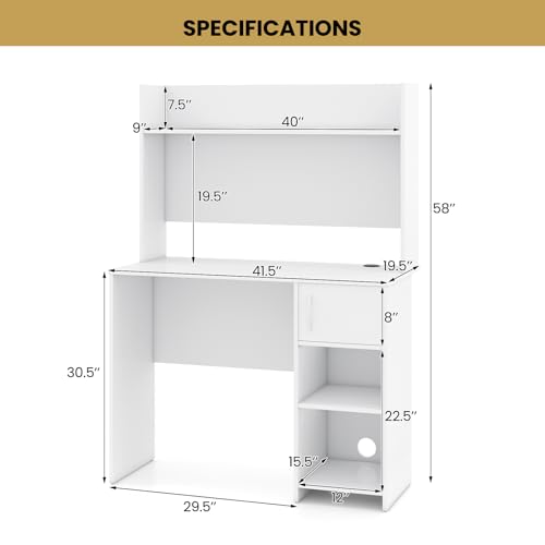 Giantex White Desk with Hutch, Small Computer Desk with Bookshelf & Adjustable Shelf, 2 Cable Holes, Modern Laptop PC Computer Workstation, Study Writing Desk for Small Spaces, Bedroom, Home Office - color: White