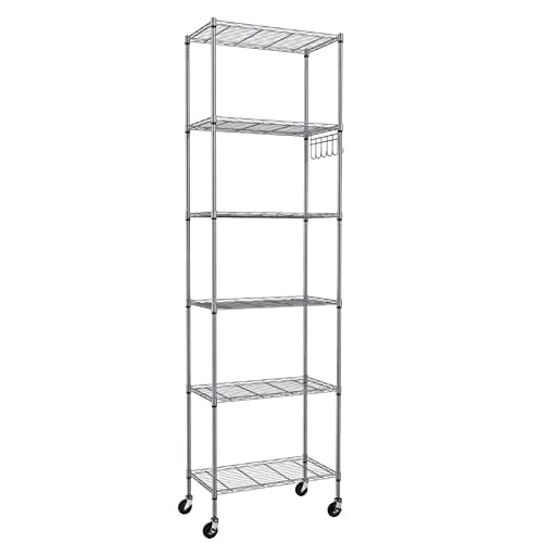 Himimi 6-Tier Wire Shelving Unit with Wheels - Adjustable Metal Storage Rack for Garage, Kitchen, Office, Pantry - Easy Assembly, Rolling Steel Shelves with Stainless Side Hooks, Silver Grey - color: Silver, size: 11.42"D x 21.26"W x 72.05"H, 6-Tier